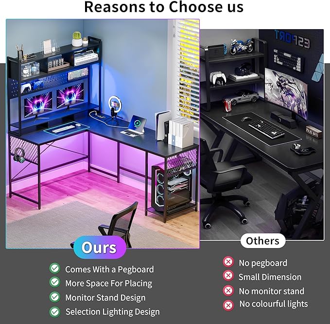 Lvifur 67” L Shaped Desk with Wireless Charging Station,24-Color RGB Dimmable Computer Desk with Pegboard,Gaming Desk with Monitor Stand, Display Stand,Human Sensor Lights for Home Office - LeafyLoom