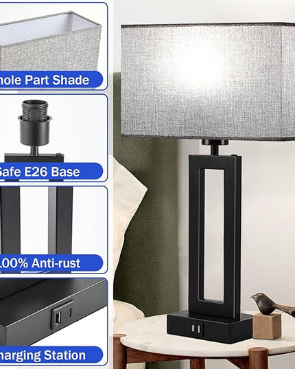 Nightstand Lamps for Bedrooms Set of 2 Touch Control Table Lamp Bedside Lamp with USB C+A, 3 Way Dimmable Living Room Lamps for End Tables Modern Night Stand Lamps for Bed Side Guest Room, Gray&Black - LeafyLoom