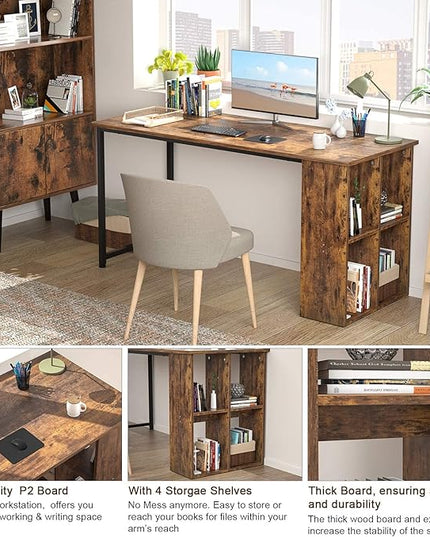 Homfio 47.2'' Computer Desk with Storage Shelves, Modern Home Office Desk Computer Table with Cabinets, Student Studying Writing Desk Wood Desk Workstation for Home Office, Rustic Brown - LeafyLoom