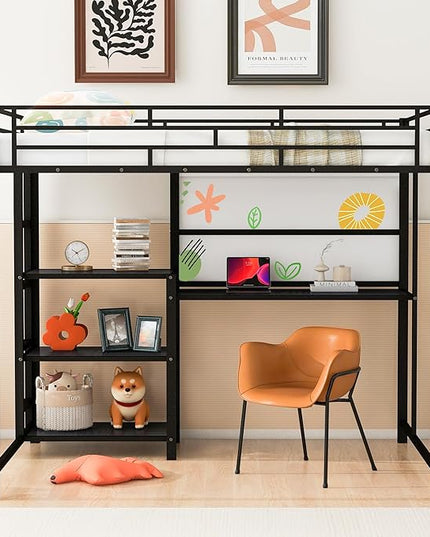 RITSU Full Size Loft Bed, Heavy Duty Metal Bunk Bedframe with Desk and Whiteboard, Safety Guardrail Fence & Ladder, 3 Big Storage Shelves, for Kids, Teens, Black - LeafyLoom