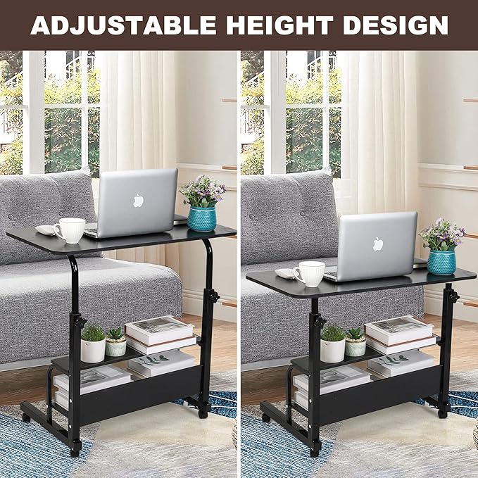 Adjustable Home Office Desk Portable Study Computer Rolling Desk for Small Spaces Movable Sofa Side Table on Wheels Student Small Laptop Desk with Storage Black Size 31x16 Inch - LeafyLoom
