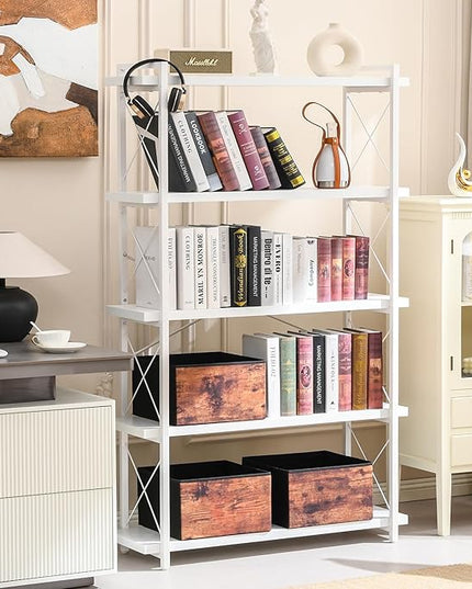 HCHQHS Bookshelf, 5-Tier Industrial Bookcase, White Open Book Shelf, Freestanding Tall Bookshelves with Metal Frame - LeafyLoom
