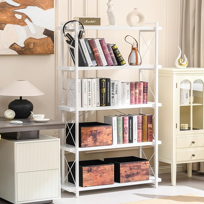 HCHQHS Bookshelf, 5-Tier Industrial Bookcase, White Open Book Shelf, Freestanding Tall Bookshelves with Metal Frame - LeafyLoom