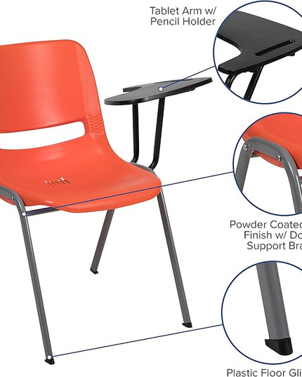 Flash Furniture HERCULES 5 Pack Orange Ergonomic Shell Chair with Left Handed Flip-Up Tablet Arm - LeafyLoom