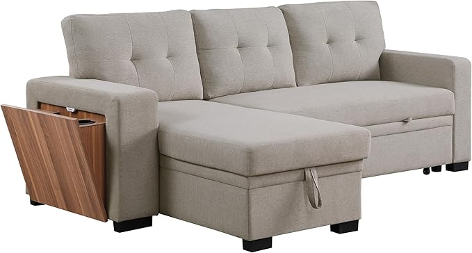 92 inch Convertible L-Shaped Sleeper Sectional Sofa with Storage Chaise,Reversible Couch with Side Open Cup Holder for Apartment, Dorm, Living Room, 92inch, Light Gray-4 - LeafyLoom