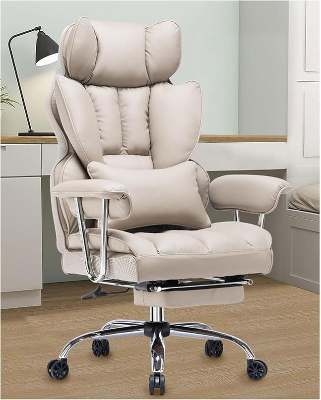 Desk Office Chair 400LBS, Big and Tall Office Chair, PU Leather Computer Chair, Executive Office Chair with Leg Rest and Lumbar Support, Grey Office Chair 1 - LeafyLoom