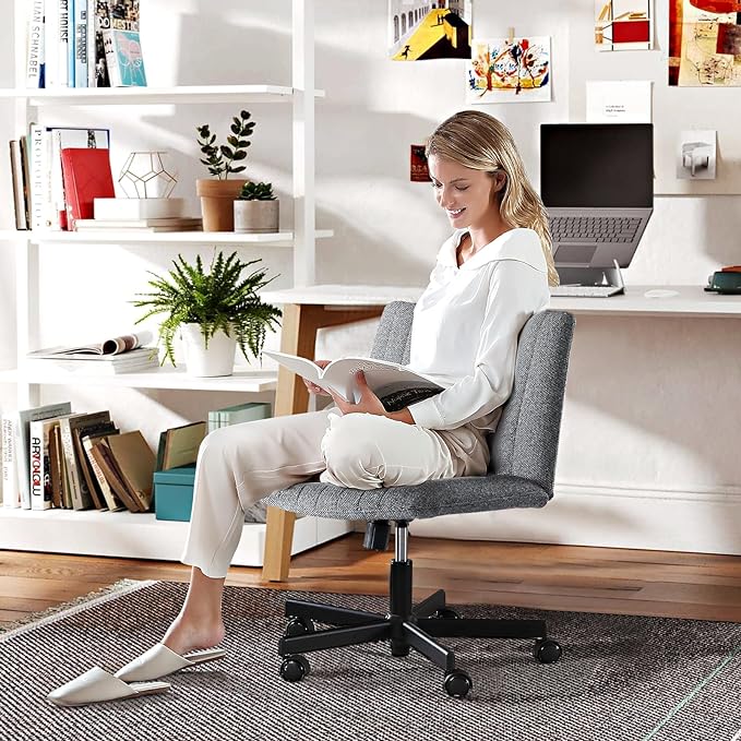 LEAGOO Cross Legged Office Chair, Armless Wide Desk Chair with Wheels, 120° Rocking Mid Back Ergonomic Computer Task Vanity Chairs with Height adiust, for Home, Office, Make up, Small Space, Dark gray - LeafyLoom