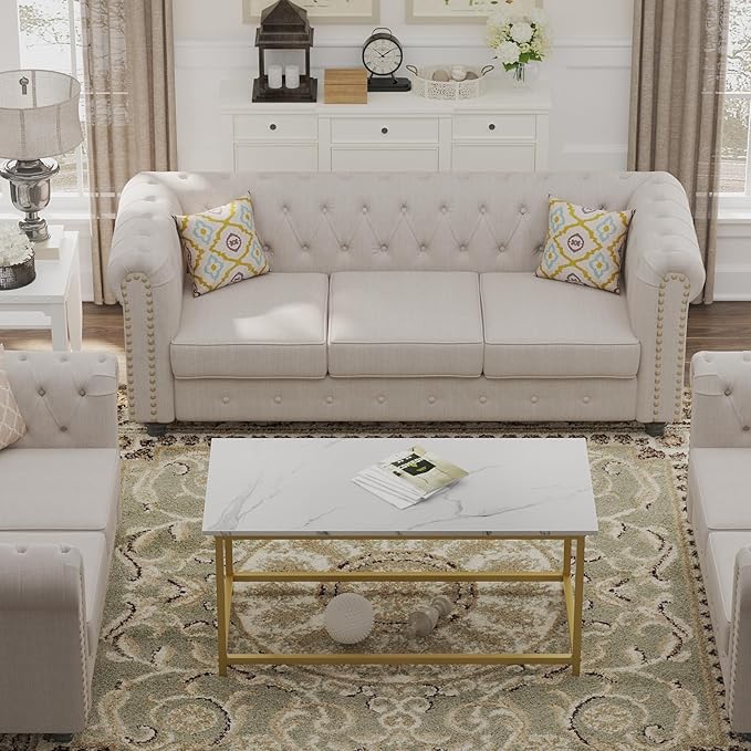 SAYGOER White Faux Marble Coffee Table Simple Modern Rectangular Coffee Tables Open Design Minimalist Center Table for Living Room Office, 39.37 x 19.69 x 17.72, White Gold - LeafyLoom
