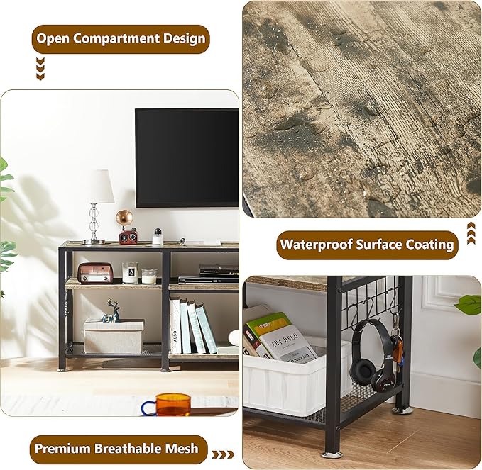VECELO TV Stand for Televisions up to 75 Inch, Industrial Entertainment Center with 3-Tier Open Storage Shelves& Hooks for Living, Bedroom and Gaming Room, 70 Inch, Grey - LeafyLoom