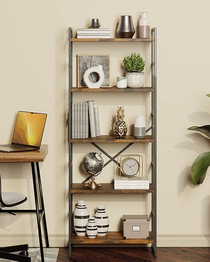 Shintenchi 5 Tiers Bookshelf, Classically Tall Bookcase Shelf, Industrial Book Rack, Modern Book Holder in Bedroom/Living Room/Home/Office, Storage Rack Shelves for Book, Brown - LeafyLoom