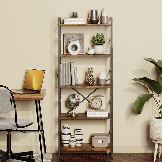 Shintenchi 5 Tiers Bookshelf, Classically Tall Bookcase Shelf, Industrial Book Rack, Modern Book Holder in Bedroom/Living Room/Home/Office, Storage Rack Shelves for Book, Brown - LeafyLoom