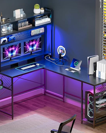 Lvifur 67” L Shaped Desk with Wireless Charging Station,24-Color RGB Dimmable Computer Desk with Pegboard,Gaming Desk with Monitor Stand, Display Stand,Human Sensor Lights for Home Office - LeafyLoom