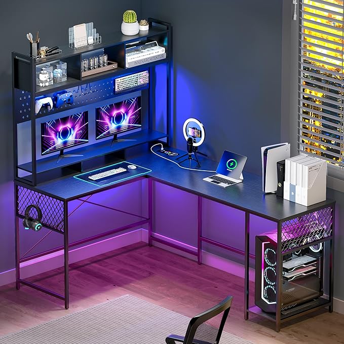 Lvifur 67” L Shaped Desk with Wireless Charging Station,24-Color RGB Dimmable Computer Desk with Pegboard,Gaming Desk with Monitor Stand, Display Stand,Human Sensor Lights for Home Office - LeafyLoom