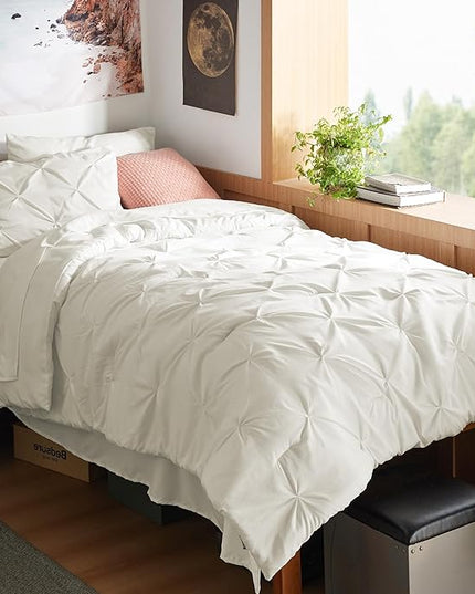 Bedsure Twin XL Comforter Set - Extra Long 5 Pieces Dorm Bedding Sets, Pinch Pleat Ivory Bed in a Bag with Comforter, Sheets, Pillowcase & Sham - LeafyLoom