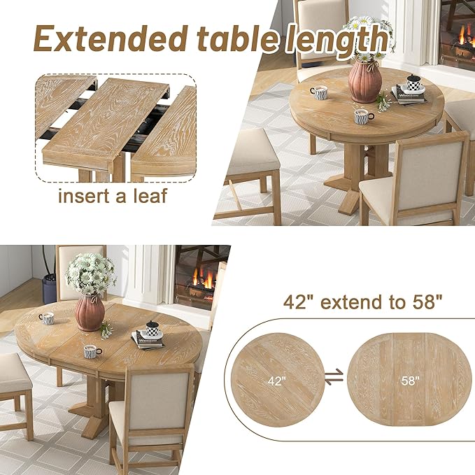 5-Piece Dining, Farmhouse Set-Extendable Round Table and 4 Upholstered Chairs for Kitchen, Living Room, Natural Wood Wash - LeafyLoom