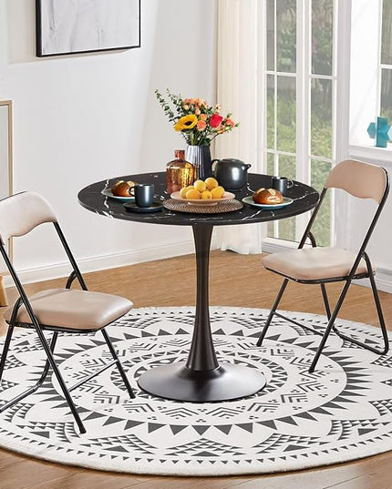 Round Dining Table Black Faux Marble Kitchen Dining Table 31.5" Modern Mid-Century Leisure Tulip Table with Pedestal Base for Dining Room 2 to 4 Person - LeafyLoom
