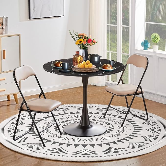 Round Dining Table Black Faux Marble Kitchen Dining Table 31.5" Modern Mid-Century Leisure Tulip Table with Pedestal Base for Dining Room 2 to 4 Person - LeafyLoom