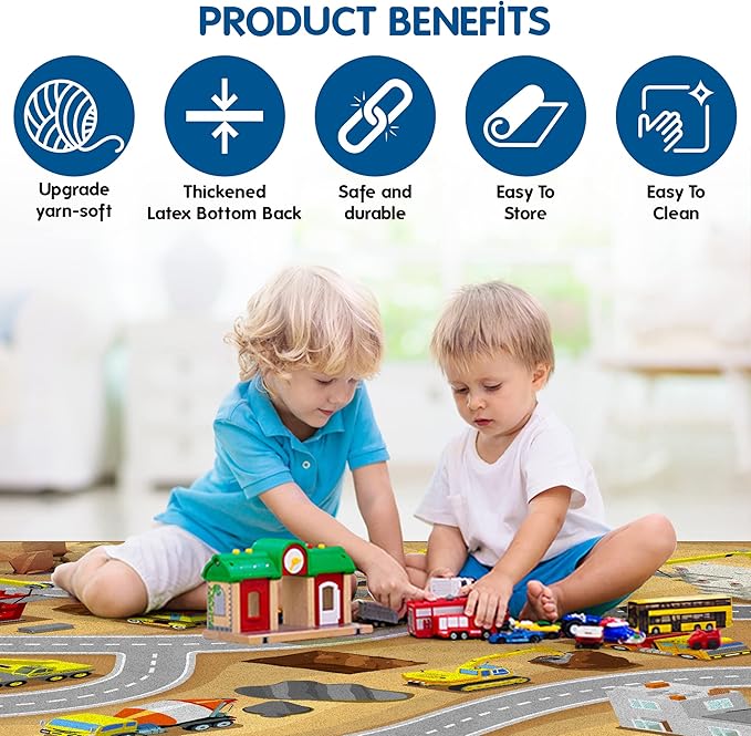 Kids Construction Site Play Rug Non-Slip Construction Vehicles Play Mat for Driving Toy Cars Daycare Nursery Preschool Playroom Kids Car Activity Carpet (construction play rug, 39X59 inches) - LeafyLoom