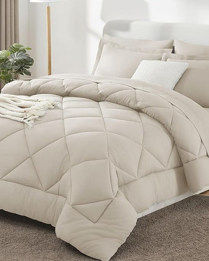 CozyLux Full Comforter Set with Sheets 7 Pieces Bed in a Bag Beige All Season Bedding Sets with Comforter, Pillow Shams, Flat Sheet, Fitted Sheet and Pillowcases - LeafyLoom
