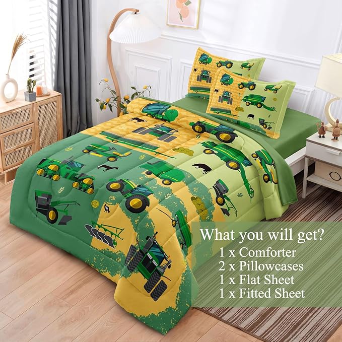 Full Construction Bedding Set for Boys Kids Farm Tractor Bedding 5 Pieces Cars Full Comforter Set for Boys, Full Truck Bed in a Bag Set Boys - LeafyLoom