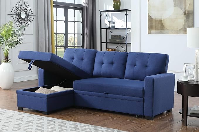 Sectional Sofa with Tufted Seat & Back Cushion,Solid Wood Frame Dsign, Linen Reversible w/Storage Chaise and Pull-Out Sleeper for Home, Small Space Apartment, 82 Inch, Blue - LeafyLoom