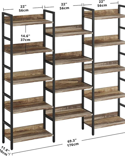 IRONCK Bookcases and Bookshelves Triple Wide 5 Tiers Industrial Bookshelf with Baffles Large Etagere Bookshelf with Metal Frame for Living Room Home Office - LeafyLoom