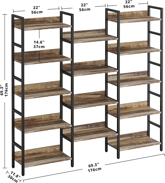 IRONCK Bookcases and Bookshelves Triple Wide 5 Tiers Industrial Bookshelf with Baffles Large Etagere Bookshelf with Metal Frame for Living Room Home Office - LeafyLoom