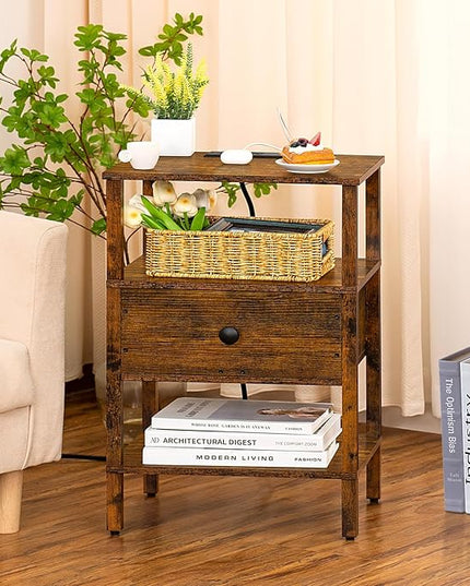 Lerliuo Nightstand Set of 2 with Charging Station and USB Ports, 3-Tier Storage End Table with Drawer Shelf, Night Stand for Small Spaces, Wood Bedside Table for Living Room, Bedroom-Brown - LeafyLoom