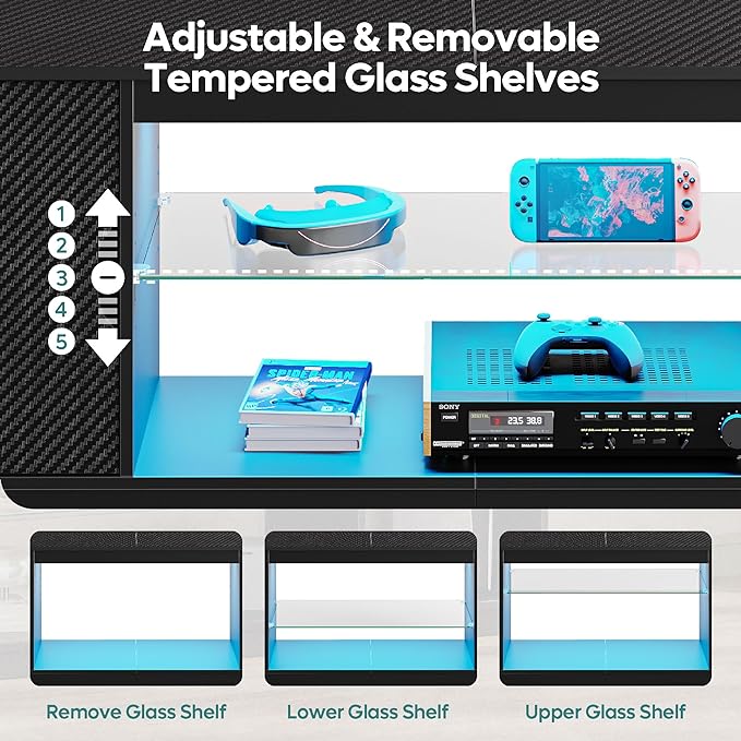 Bestier Led Entertainment Center for PS5, Gaming TV Stand with Cabinet for 60/65 Inch TV, Modern TV Console with Adjustable Glass Shelf for Living Room Easy Assembly Carbon Fiber Black - LeafyLoom