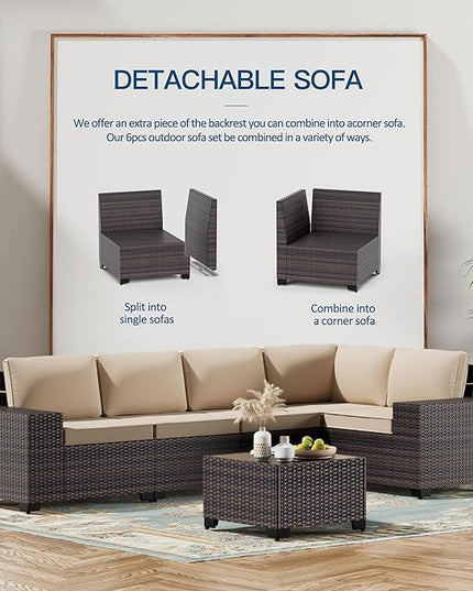 Kullavik 6PCS Outdoor Patio Furniture Set PE Wicker Rattan Sectional Sofa Patio Conversation Sets,Khaki - LeafyLoom
