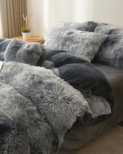 Tie dye Dark Gray Plush Fluffy Comforter Cover Set Queen - Ultra Soft Faux Fur tie dye Bedding Sets 3 Pieces (1 Shaggy Duvet Cover + 2 Pillow case) Fluffy Bed Set (Tie Dye Dark Gray, Queen) - LeafyLoom