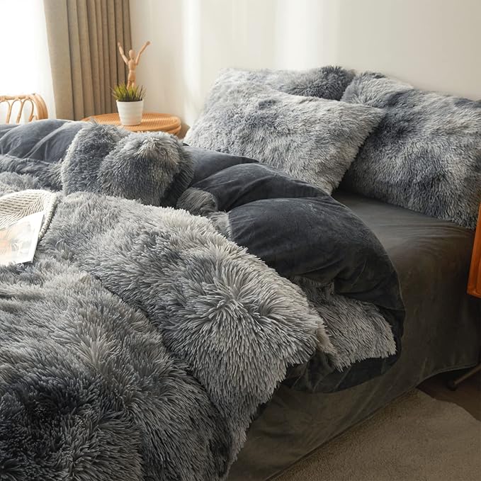 Tie dye Dark Gray Plush Fluffy Comforter Cover Set Queen - Ultra Soft Faux Fur tie dye Bedding Sets 3 Pieces (1 Shaggy Duvet Cover + 2 Pillow case) Fluffy Bed Set (Tie Dye Dark Gray, Queen) - LeafyLoom