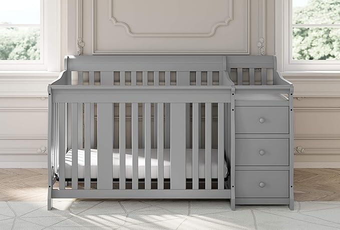 Storkcraft Portofino 5-in-1 Convertible Crib and Changer Combo (Pebble Gray) – Changing-Table with Storage Drawer, Converts to Toddler Full-Size Bed, Daybed - LeafyLoom