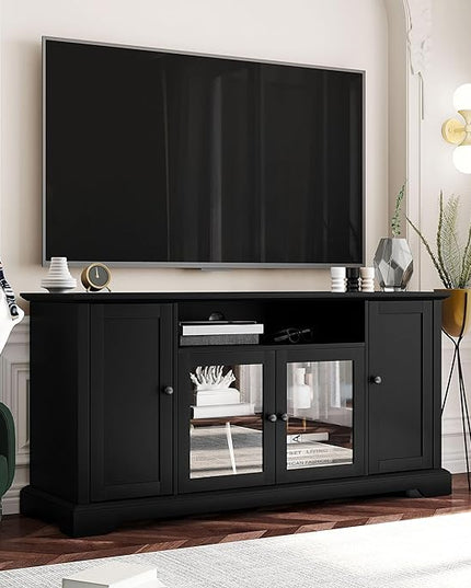 NicBex TV Stand for 65 Inch TV Modern TV Media Console Table with 2 Tempered Glass Doors Adjustable Panels,Entertainment Center with Storage for Living Room,59.8 Inch,Black - LeafyLoom
