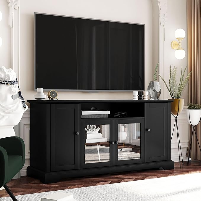 60 Inch TV Stand, Television Stands with 2 Tempered Glass Doors, Adjustable Panels and Open Style Cabinet, Entertainment Center for Living Room and Bedroom, Black - LeafyLoom