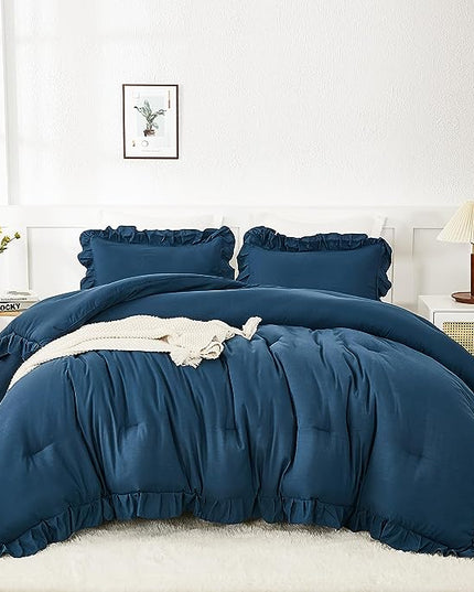 Andency Navy Blue Queen Comforter Set, 3 Pieces Boho Lightweight Solid Bedding Sets for Queen Bed, Fluffy Soft Double Women Men Microfiber Bedding Set - LeafyLoom