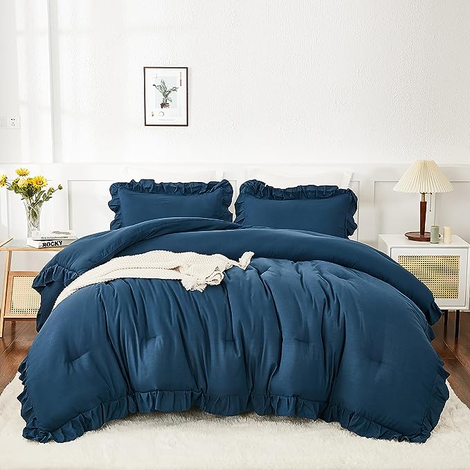 Andency Navy Blue Queen Comforter Set, 3 Pieces Boho Lightweight Solid Bedding Sets for Queen Bed, Fluffy Soft Double Women Men Microfiber Bedding Set - LeafyLoom