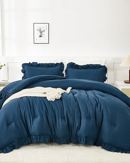 Andency Navy Blue Comforter Set King Size, 3 Pieces Boho Lightweight All Season Solid Bedding Comforters & Sets, Double Women Men Shabby Chic Bed Set(104x90In Comforter & 2 Pillowcases) - LeafyLoom