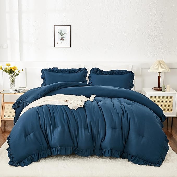 Andency Navy Blue Comforter Set King Size, 3 Pieces Boho Lightweight All Season Solid Bedding Comforters & Sets, Double Women Men Shabby Chic Bed Set(104x90In Comforter & 2 Pillowcases) - LeafyLoom