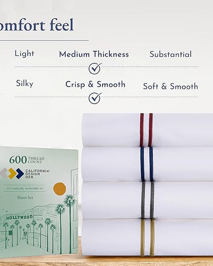 California Design Den Luxury Queen Size Sheet Set - 100% Cotton, 600 Thread Count Deep Pocket Queen Sheets, Hotel-Quality Bedding with Sateen Weave - White Embroidered Navy - LeafyLoom