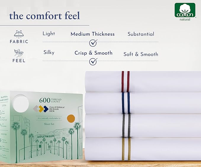 California Design Den Luxury Queen Size Sheet Set - 100% Cotton, 600 Thread Count Deep Pocket Queen Sheets, Hotel-Quality Bedding with Sateen Weave - White Embroidered Navy - LeafyLoom