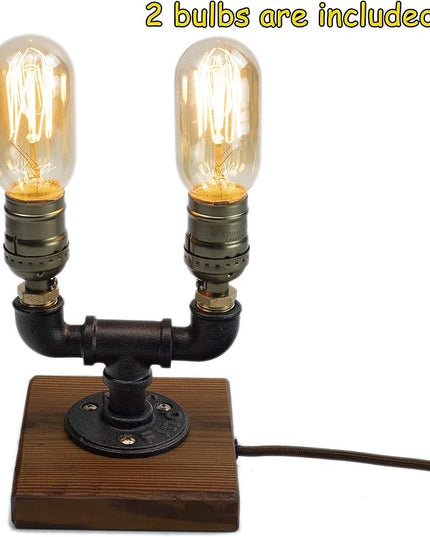 Steampunk Lamp with Dimmer, Dimmable Loft Style Industrial Vintage Antique Style Light with 2 Bulbs, Wood Base with Iron Piping Desk Lamp, Retro Desk Lamp LL-027 - LeafyLoom