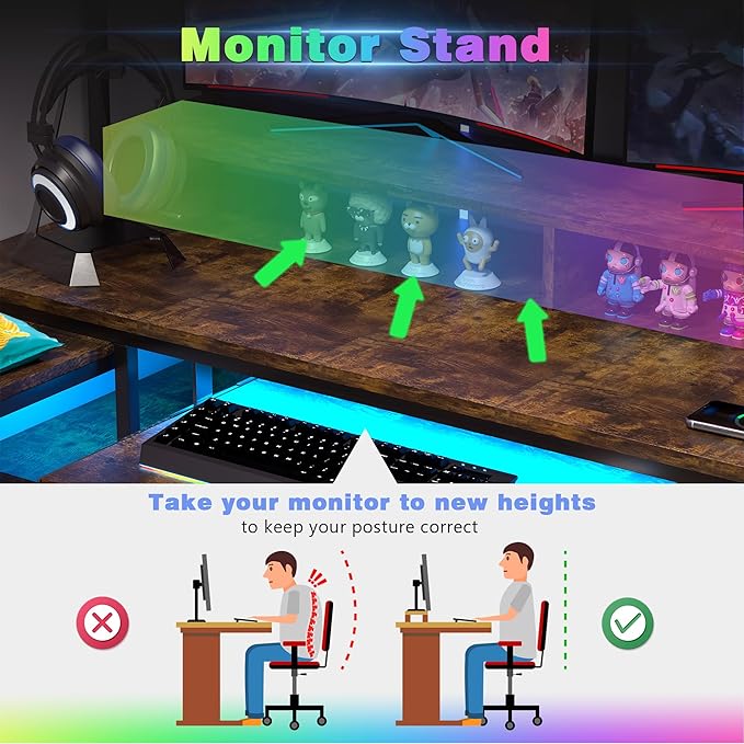 Lvifur RGB Gaming Desk with Wireless Charging Station,7 Dynamic & 24 Static Dimmable Computer Desk with Movable Table, 55'' Home Office Small Desk with Keyboard Tray,Monitor Stand,Display Stand - LeafyLoom