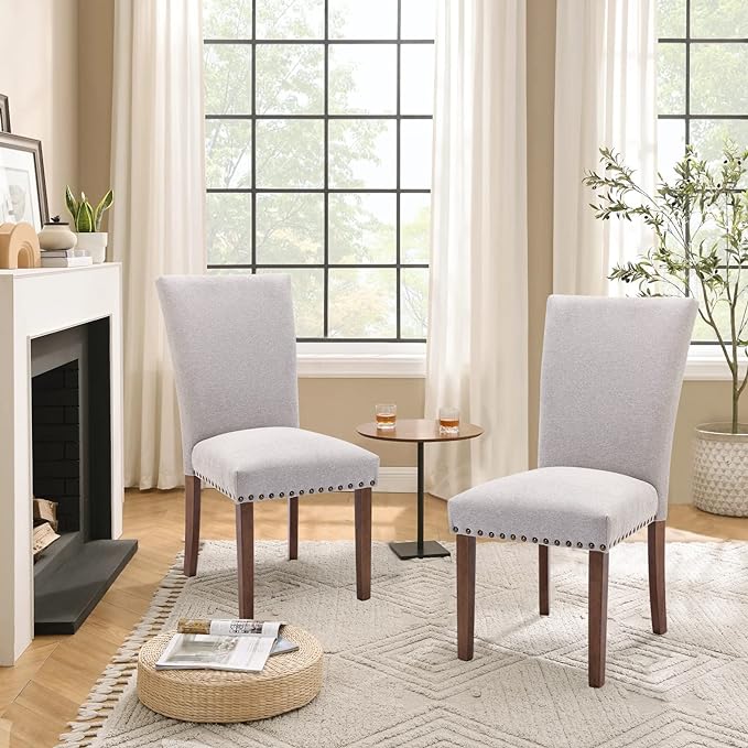 Parsons Dining Chairs Set of 2, Upholstered Nailhead Dining Room Kitchen Side Chair with Thick Cushions and Wood Legs, Light Grey - LeafyLoom
