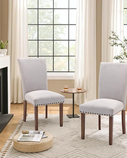 Parsons Dining Chairs Set of 4, Upholstered Nailhead Dining Room Kitchen Side Chair with Thick Cushions and Wood Legs, Light Grey - LeafyLoom