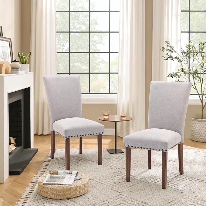 Parsons Dining Chairs Set of 4, Upholstered Nailhead Dining Room Kitchen Side Chair with Thick Cushions and Wood Legs, Light Grey - LeafyLoom