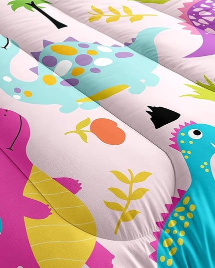 Dinosaur Twin Bedding Set, Cartoon Dinosaur Comforter Set Twin Girl Bedding Set for Girls Room Soft Breathable Dino Quilt Kids Bedding Set for All Season, 1 Comforter 1 Pillowcase - LeafyLoom