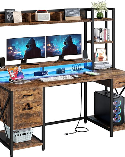 YITAHOME Computer Desk with Drawers & Power Outlets, File Drawers with Lock, 59" Home Office Desk with Storage Shelves & Monitor Stand, Gaming Desk with LED Lights & Hutch, Rustic Brown - LeafyLoom