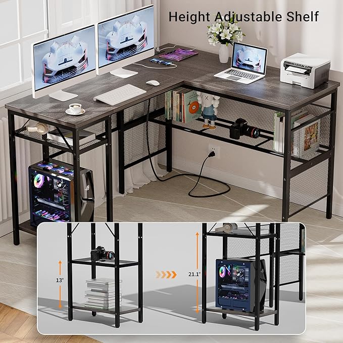 Reversible L Shaped Gaming Desk with Magic Power Outlets, 55 Inch Large Corner Computer Desk, Sturdy Home Office Table with Storage Shelf, Attractive Grid Design Writing Desk, Oak Walnut - LeafyLoom