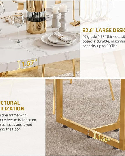 DWVO 82.6'' Large Modern Dining Table for 8-10 People, Rectangular White Kitchen Dining Room Table with Faux Marble Tabletop and Geometric Gold Metal Legs, Wood Dinner Tables for Family Gathering - LeafyLoom